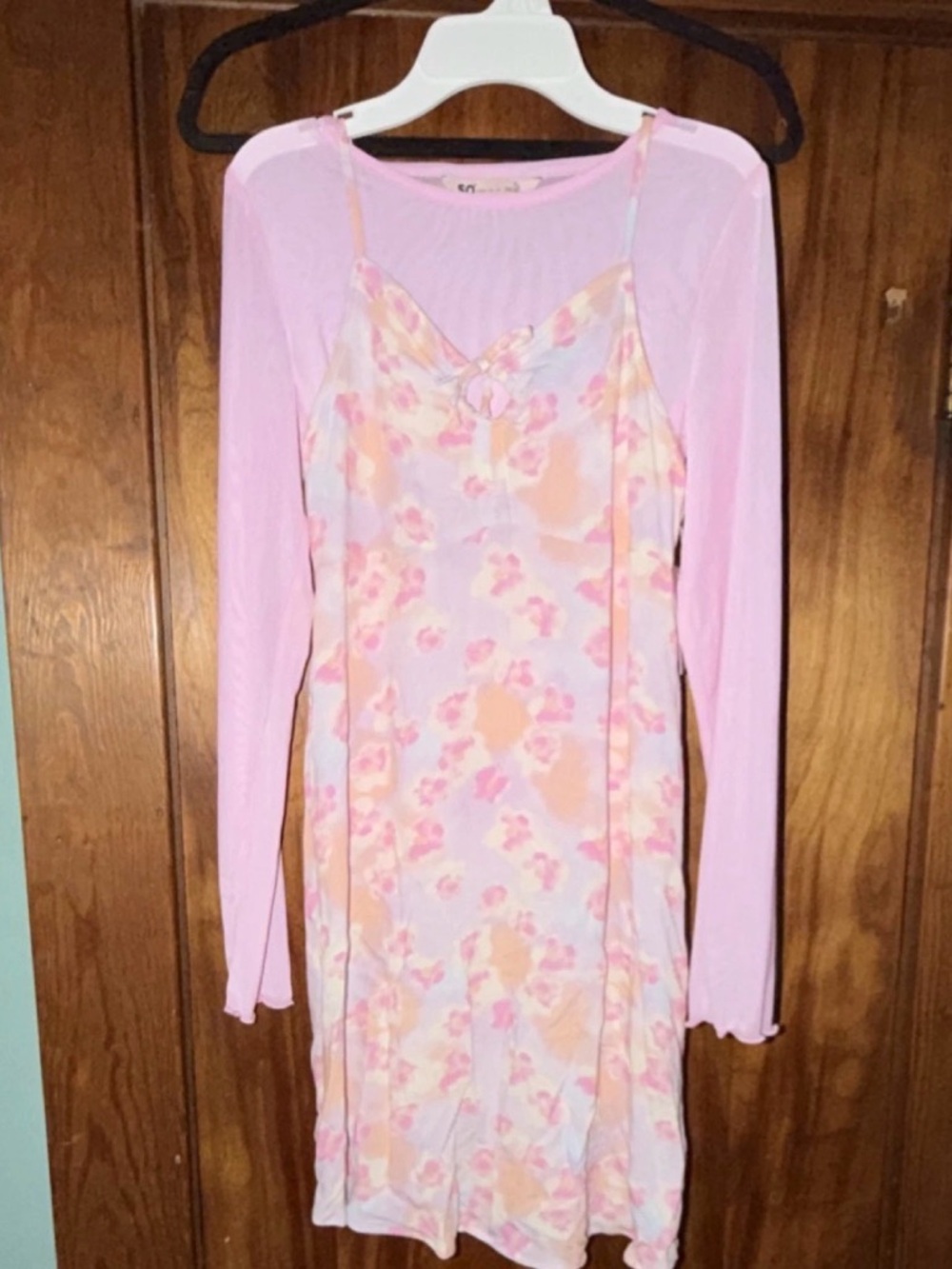 Pink Floral Slip Dress with Sheer Long Sleeve Layer size 14/16